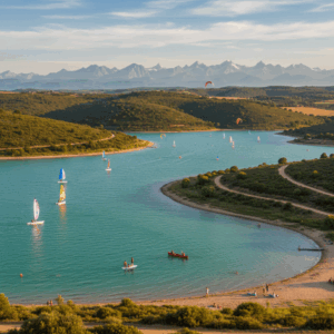Plan d'eau du lac de la Ganguise animé par la voile, le kitesurf et le paddle.