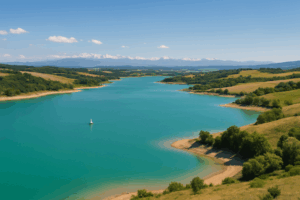 Paysage apaisant du lac de la Ganguise aux eaux turquoise, idéal pour la détente.